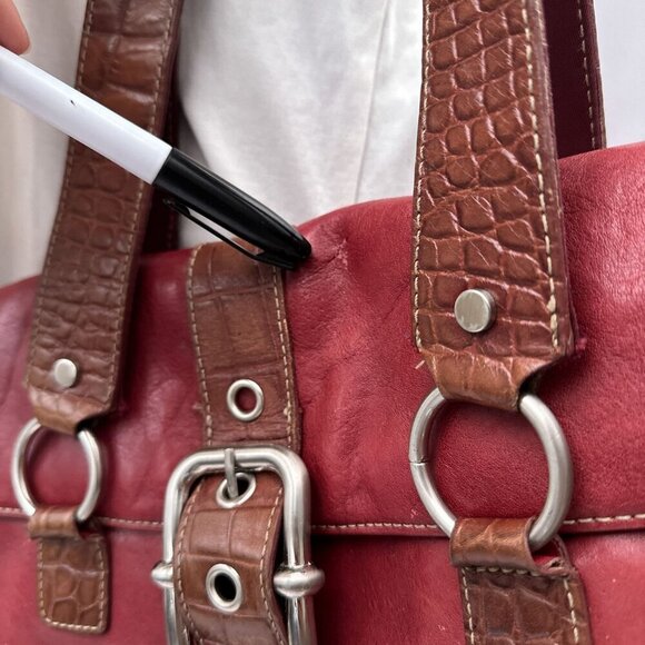 Franco Sarto Red Leather Embossed Brown Trim Shoulder Bag Dual Straps Buckle - Picture 12 of 16